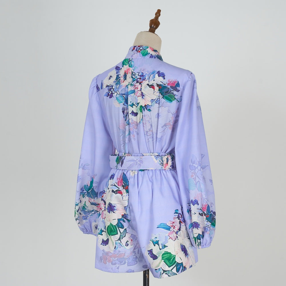 CM-SY034924 Women Elegant European Style Floral Print Lantern Sleeve Tops With Belted Shorts - Set