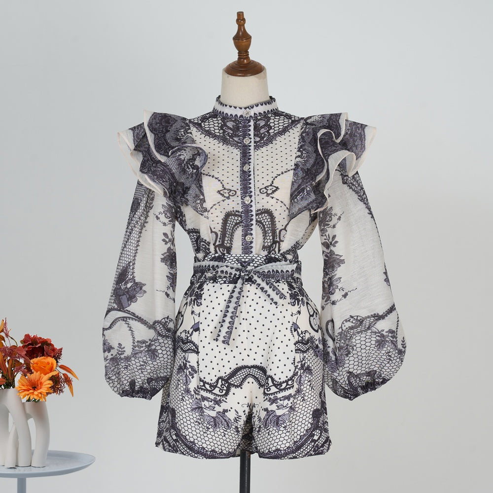 CM-SY034927 Women Elegant European Style Stand Collar Lantern Sleeve Top With Shorts - Set