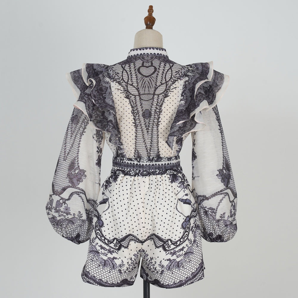 CM-SY034927 Women Elegant European Style Stand Collar Lantern Sleeve Top With Shorts - Set