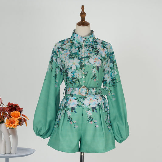 CM-SY034929 Women Elegant European Style Stand Collar Long Sleeve Floral Print Top With Shorts - Set