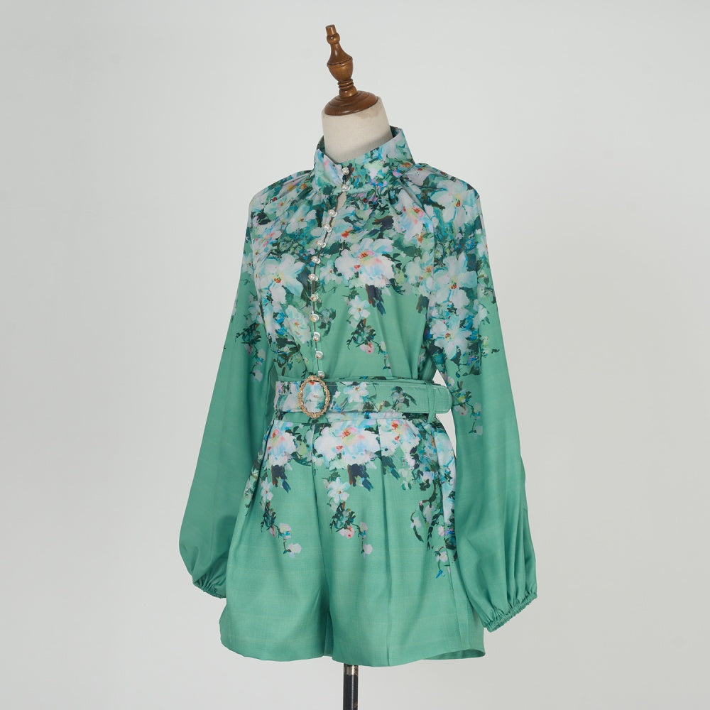 CM-SY034929 Women Elegant European Style Stand Collar Long Sleeve Floral Print Top With Shorts - Set