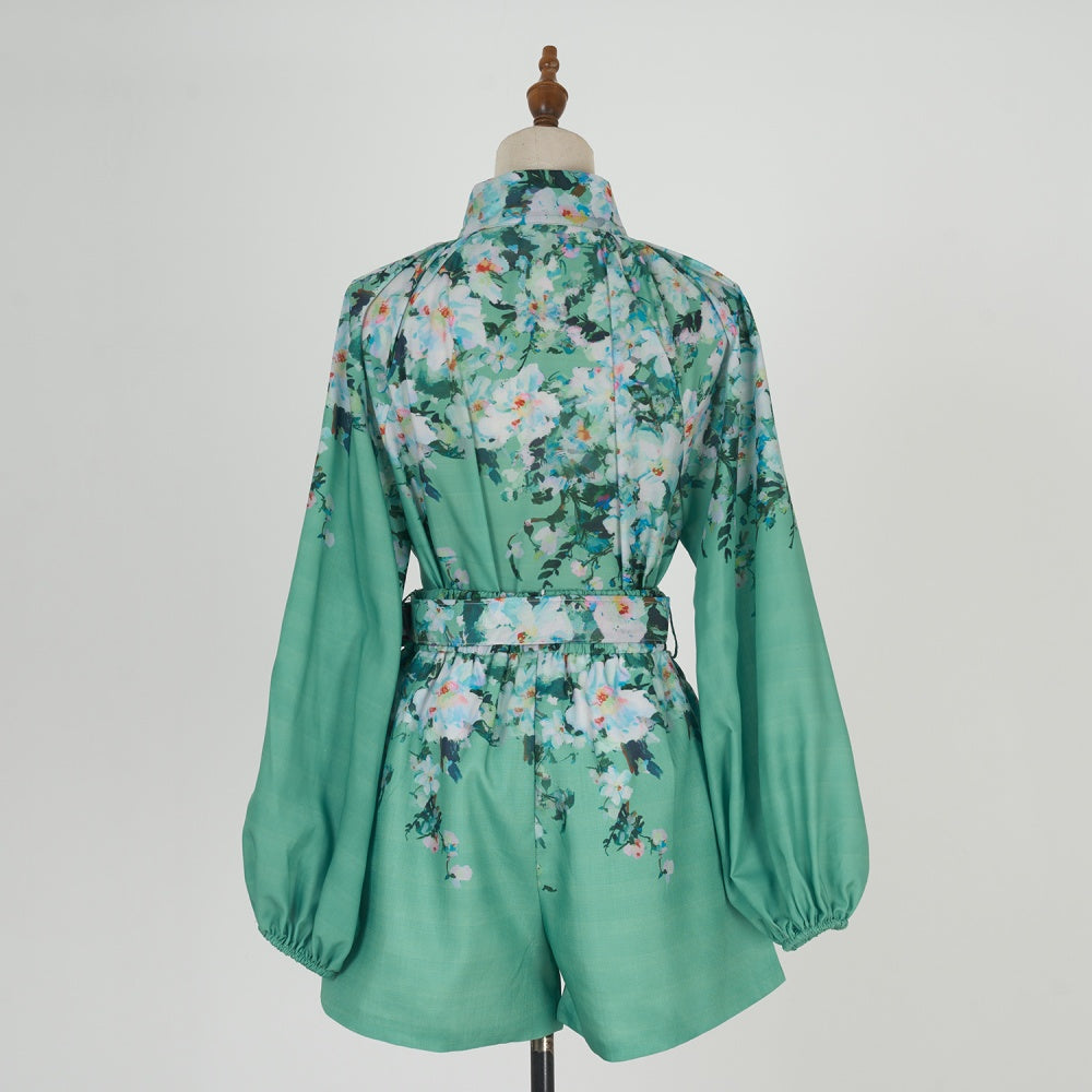 CM-SY034929 Women Elegant European Style Stand Collar Long Sleeve Floral Print Top With Shorts - Set