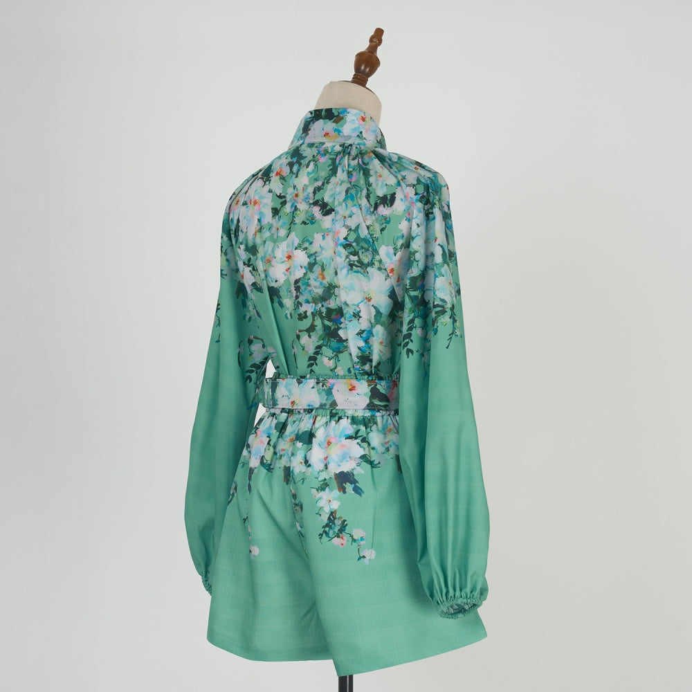 CM-SY034929 Women Elegant European Style Stand Collar Long Sleeve Floral Print Top With Shorts - Set