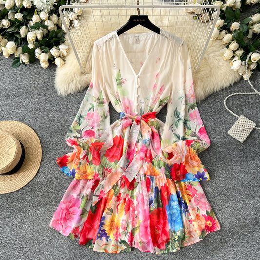 CM-DY035191 Women Elegant European Style Floral Print Trumpet Sleeve A-Line Midi Dress