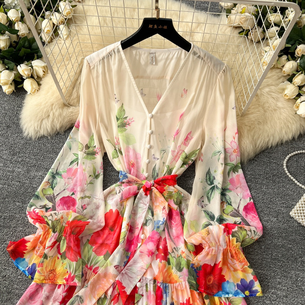 CM-DY035191 Women Elegant European Style Floral Print Trumpet Sleeve A-Line Midi Dress