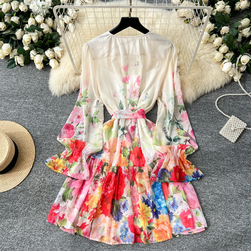 CM-DY035191 Women Elegant European Style Floral Print Trumpet Sleeve A-Line Midi Dress