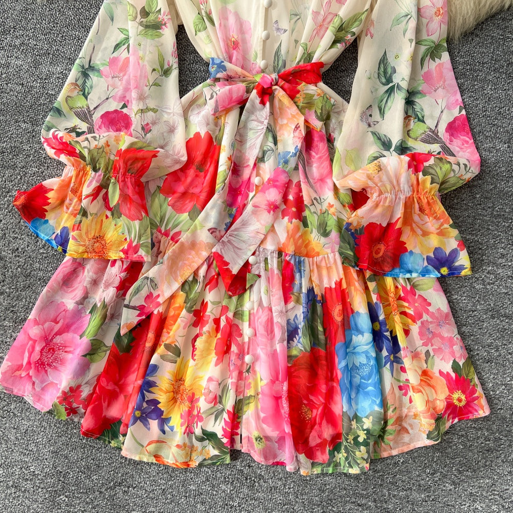 CM-DY035191 Women Elegant European Style Floral Print Trumpet Sleeve A-Line Midi Dress