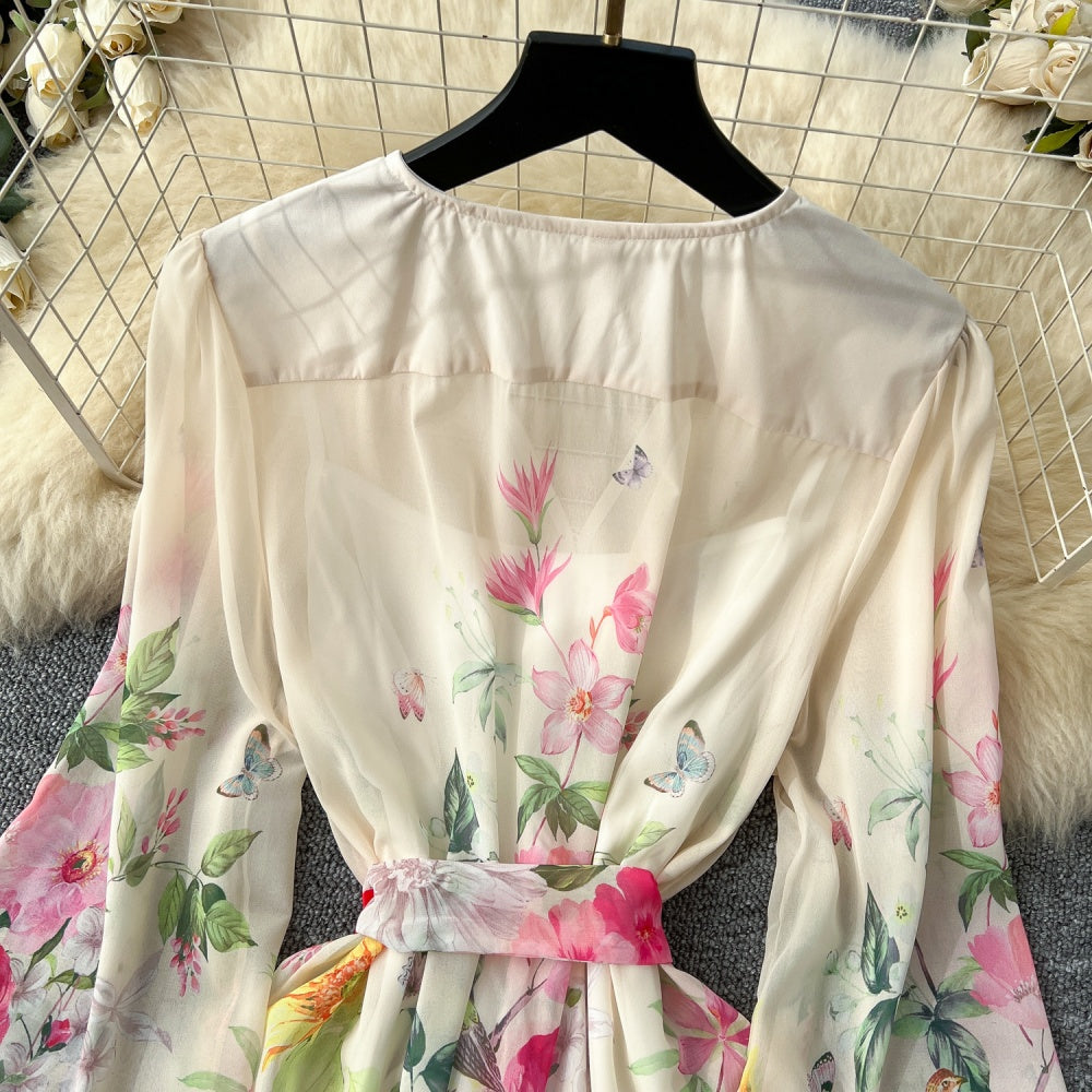 CM-DY035191 Women Elegant European Style Floral Print Trumpet Sleeve A-Line Midi Dress