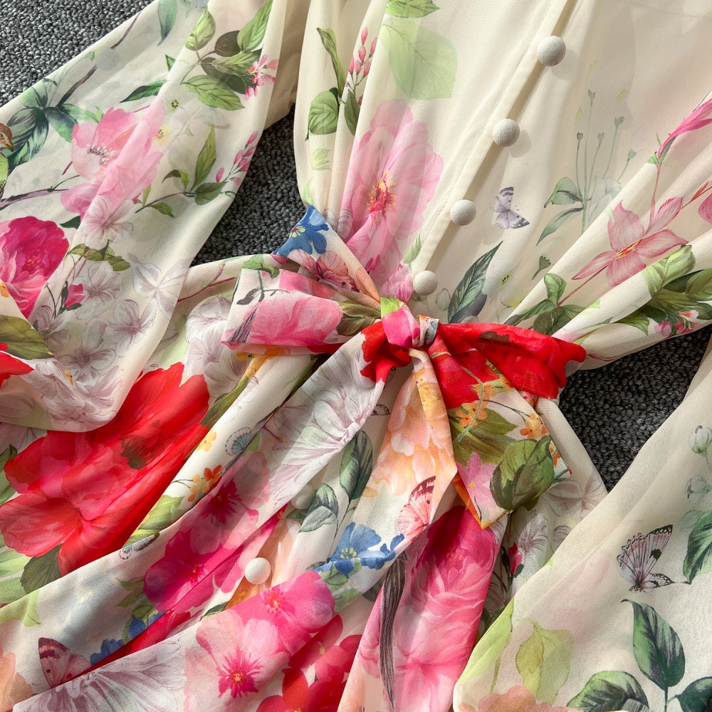 CM-DY035191 Women Elegant European Style Floral Print Trumpet Sleeve A-Line Midi Dress