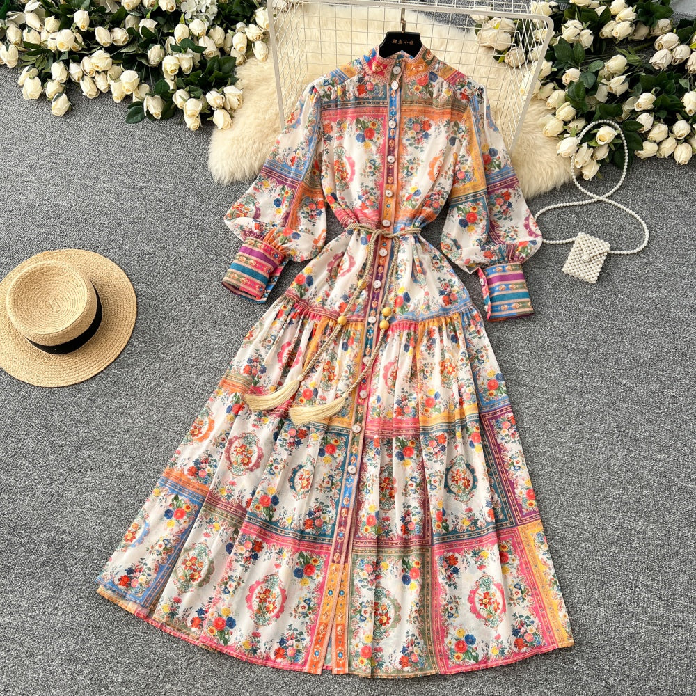 CM-DY035199 Women Elegant European Style Stand Collar Long Sleeve Floral Prints Maxi Dress