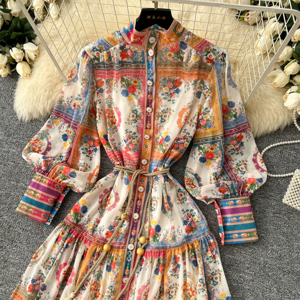 CM-DY035199 Women Elegant European Style Floral Print Stand Collar Long Sleeve Maxi Dress