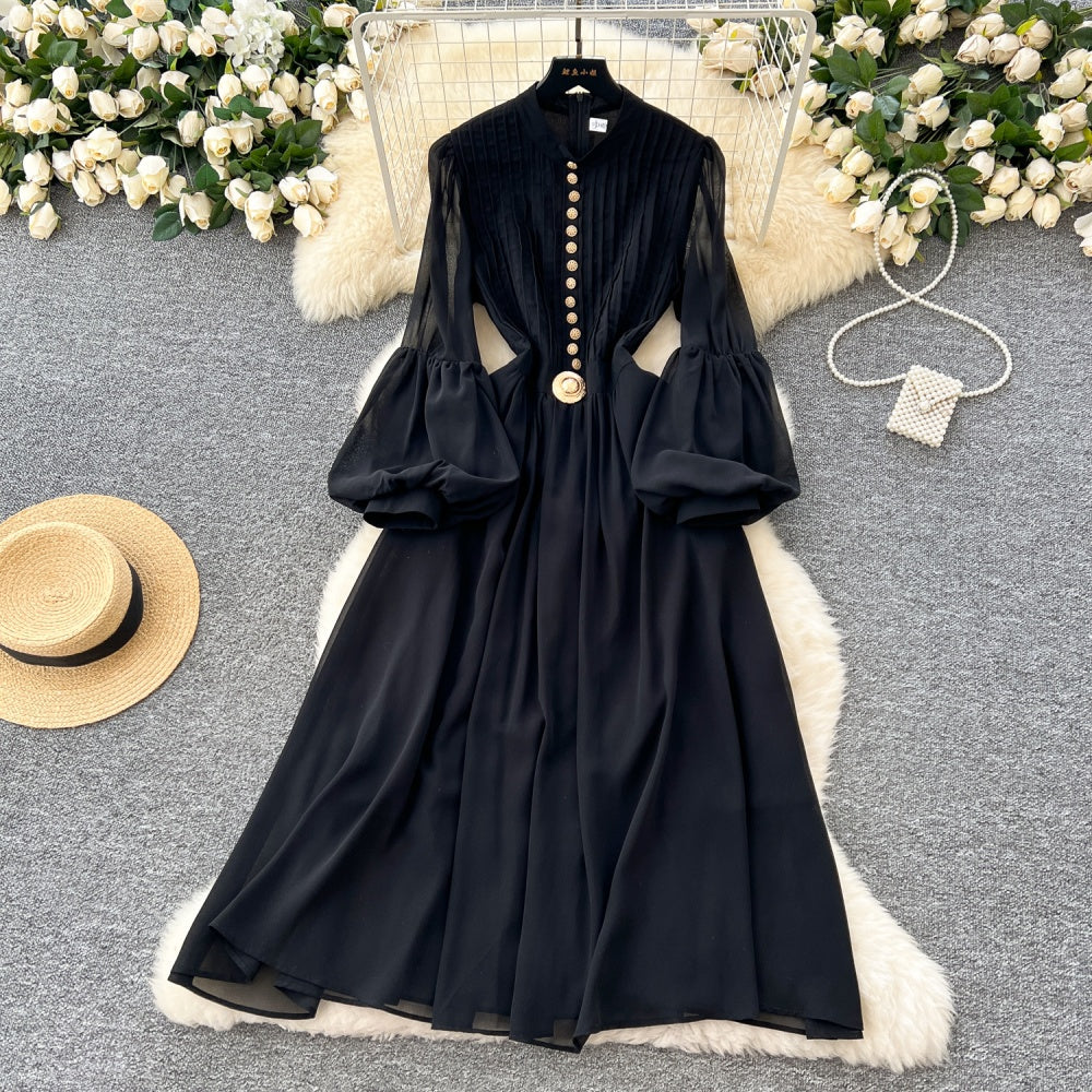 CM-DY035210 Women Elegant European Style Round Neck Lantern Sleeve Slim Maxi Dress - Black