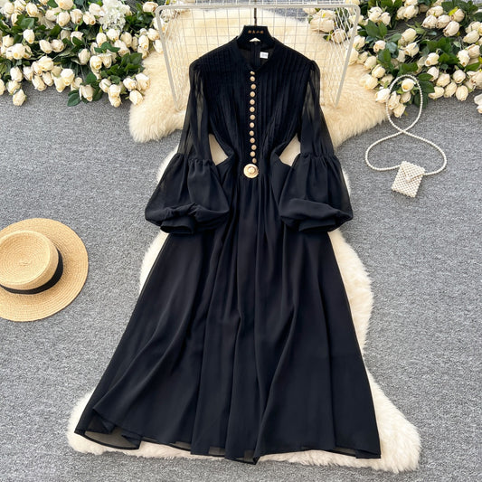 CM-DY035210 Women Elegant European Style Round Neck Lantern Sleeve Long Dress - Black