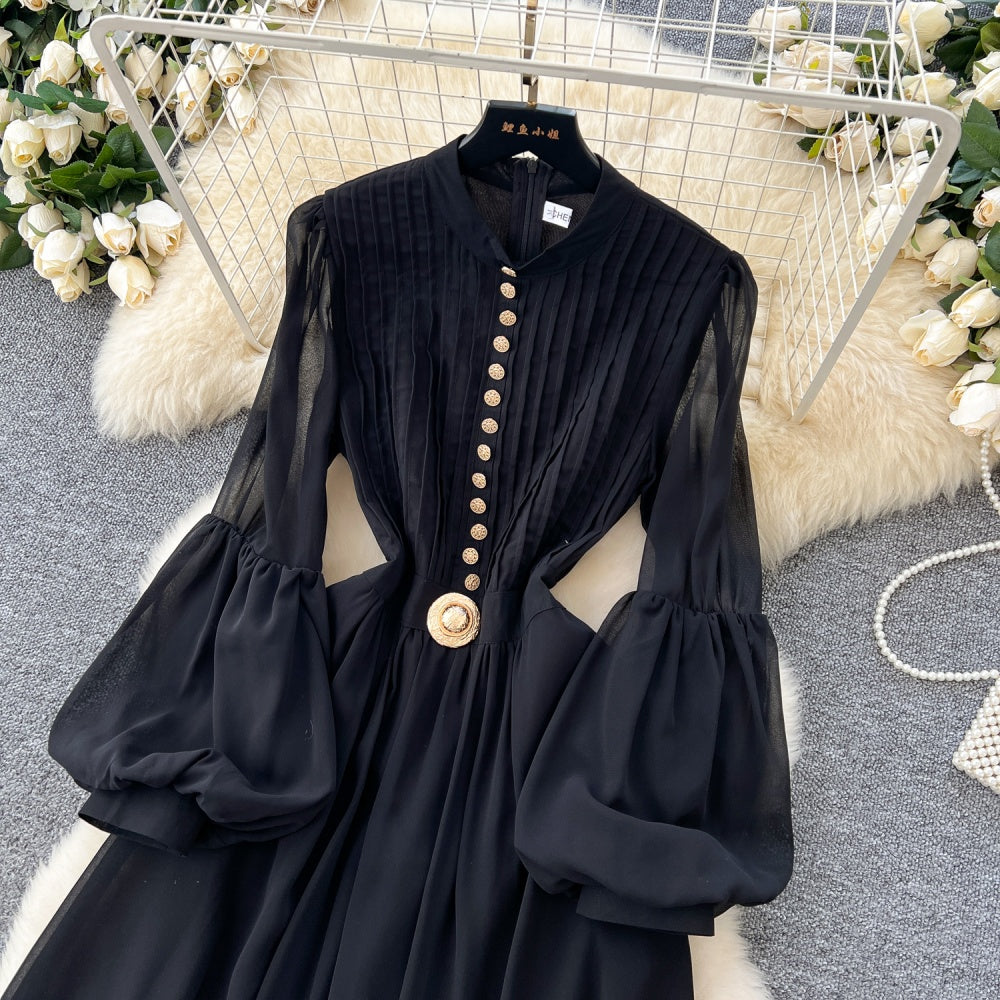 CM-DY035210 Women Elegant European Style Round Neck Lantern Sleeve Slim Maxi Dress - Black