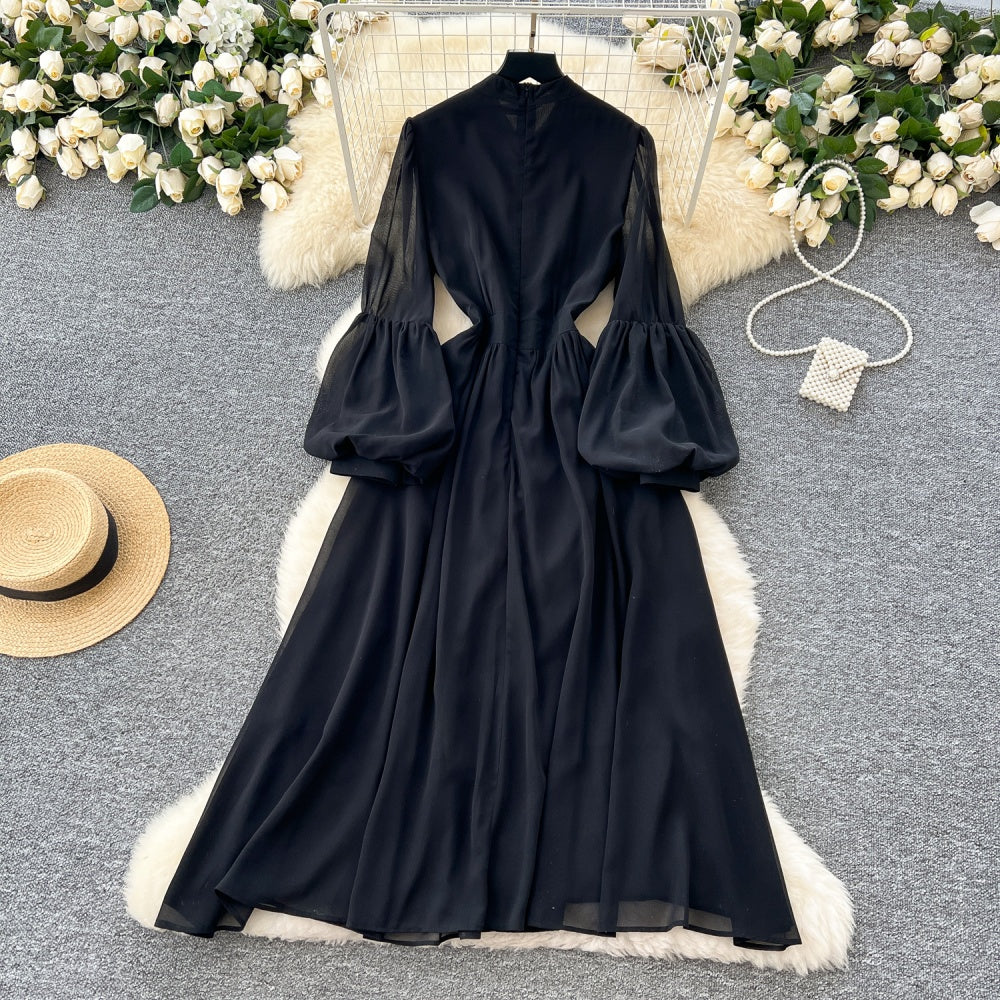 CM-DY035210 Women Elegant European Style Round Neck Lantern Sleeve Long Dress - Black