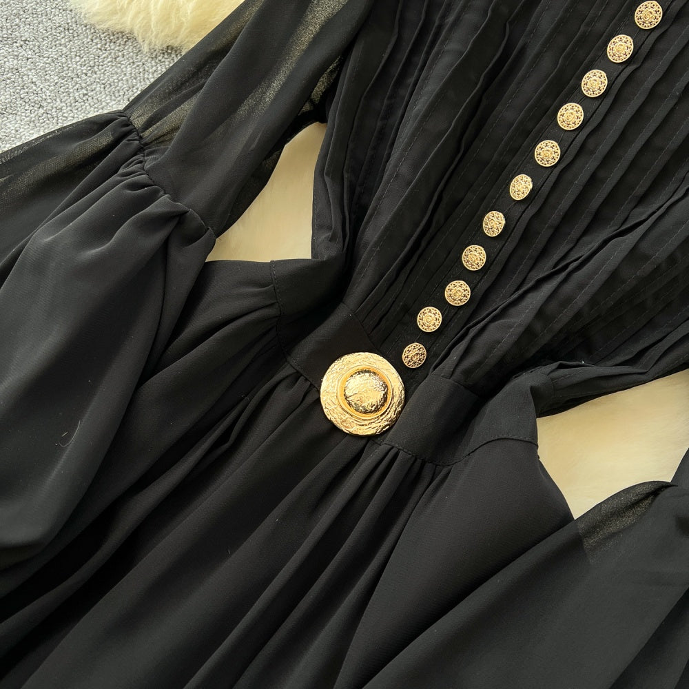 CM-DY035210 Women Elegant European Style Round Neck Lantern Sleeve Long Dress - Black