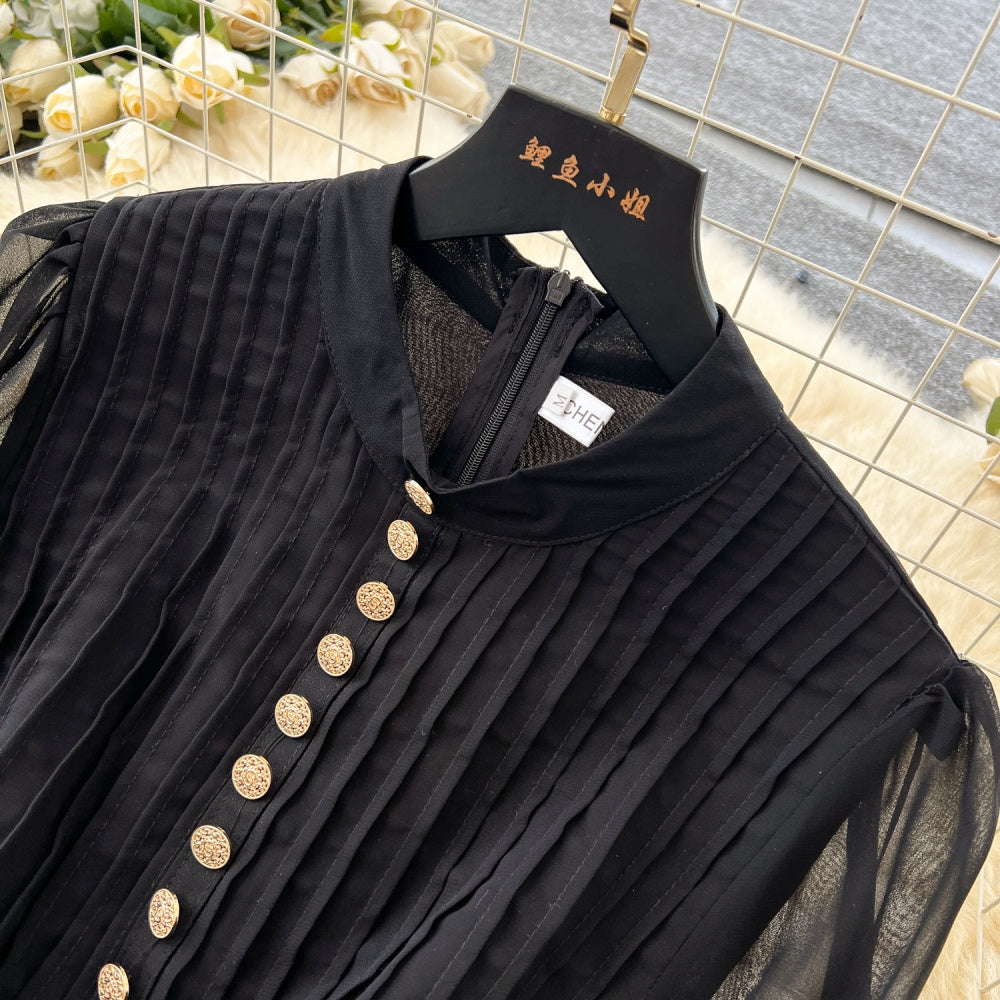 CM-DY035210 Women Elegant European Style Round Neck Lantern Sleeve Long Dress - Black