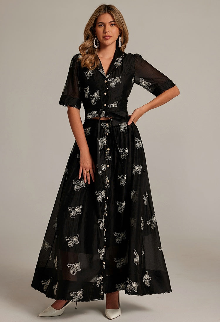 CM-SY035589 Women Elegant European Style Collar Neckline Half Sleeve Beads Decor Blouse With High Waist Long Skirt - Set