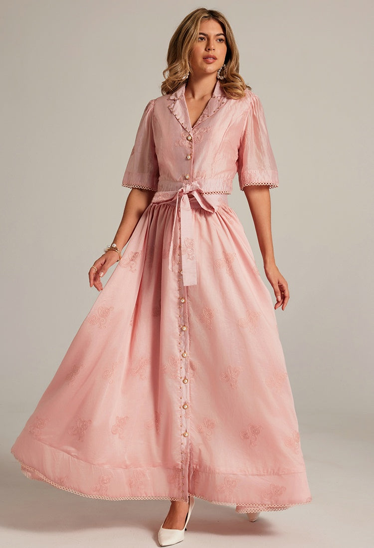 CM-SY035589 Women Elegant European Style Collar Neckline Half Sleeve Beads Decor Blouse With High Waist Long Skirt - Set