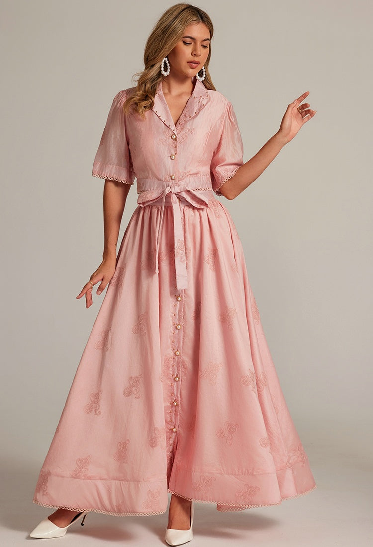 CM-SY035589 Women Elegant European Style Collar Neckline Half Sleeve Beads Decor Blouse With High Waist Long Skirt - Set