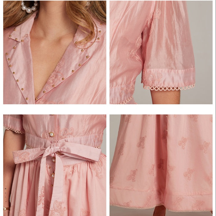 CM-SY035589 Women Elegant European Style Collar Neckline Half Sleeve Beads Decor Blouse With High Waist Long Skirt - Set