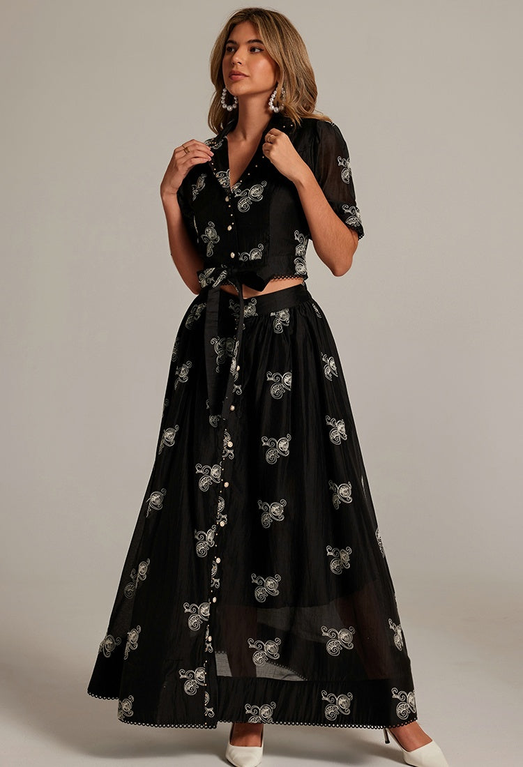 CM-SY035589 Women Elegant European Style Collar Neckline Half Sleeve Beads Decor Blouse With High Waist Long Skirt - Set