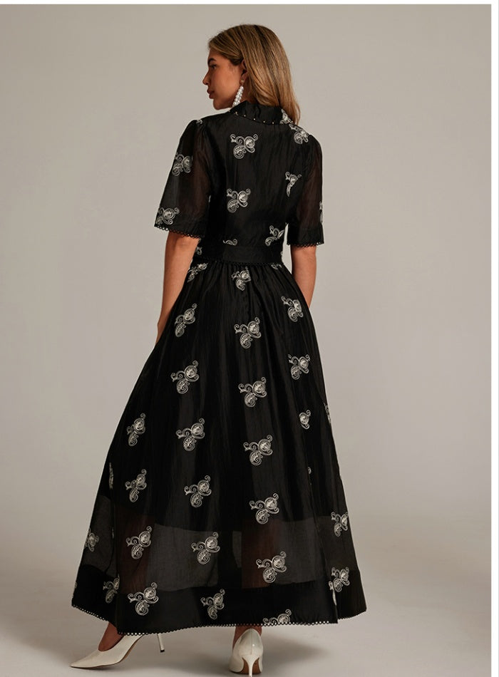 CM-SY035589 Women Elegant European Style Collar Neckline Half Sleeve Beads Decor Blouse With High Waist Long Skirt - Set