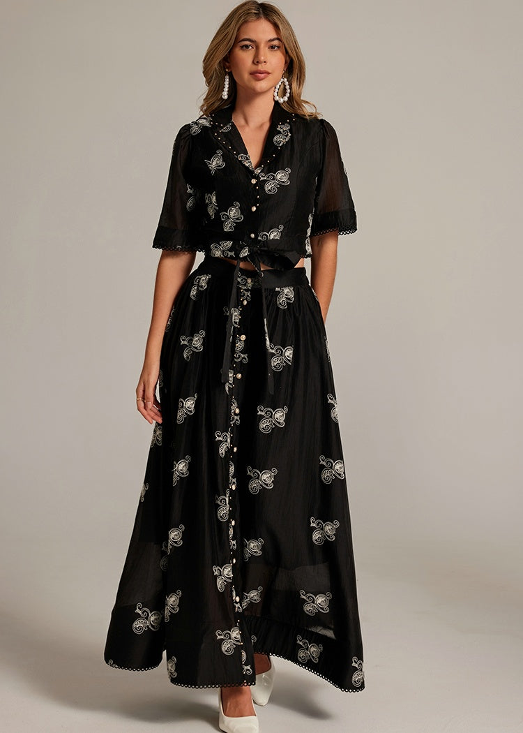 CM-SY035589 Women Elegant European Style Collar Neckline Half Sleeve Beads Decor Blouse With High Waist Long Skirt - Set