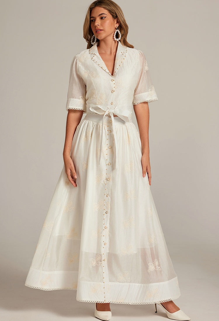 CM-SY035589 Women Elegant European Style Collar Neckline Half Sleeve Beads Decor Blouse With High Waist Long Skirt - Set