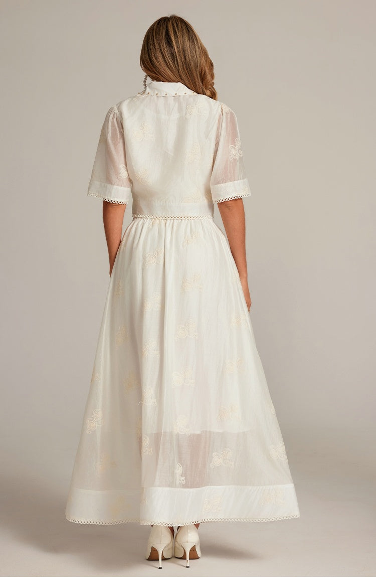 CM-SY035589 Women Elegant European Style Collar Neckline Half Sleeve Beads Decor Blouse With High Waist Long Skirt - Set