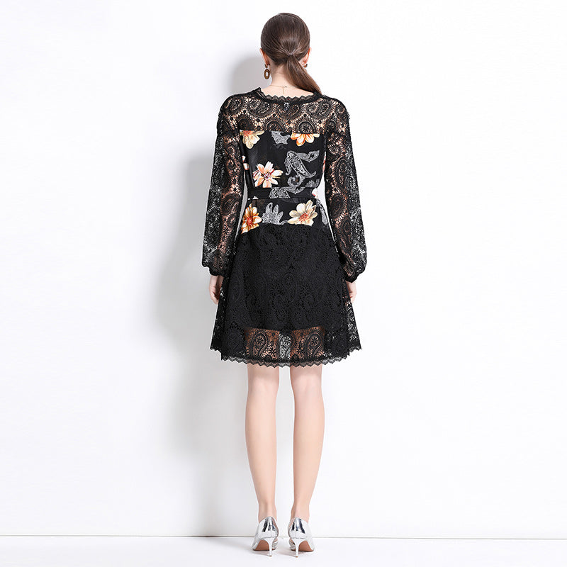 CM-DY035590 Women Elegant European Style Lace V-Neck Long Sleeve Mini Dress - Black