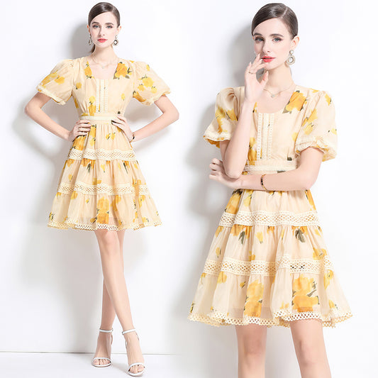 CM-DY035643 Women Elegant European Style Hollow Out Round Neck Short Sleeve Lace A-Line Mini Dress