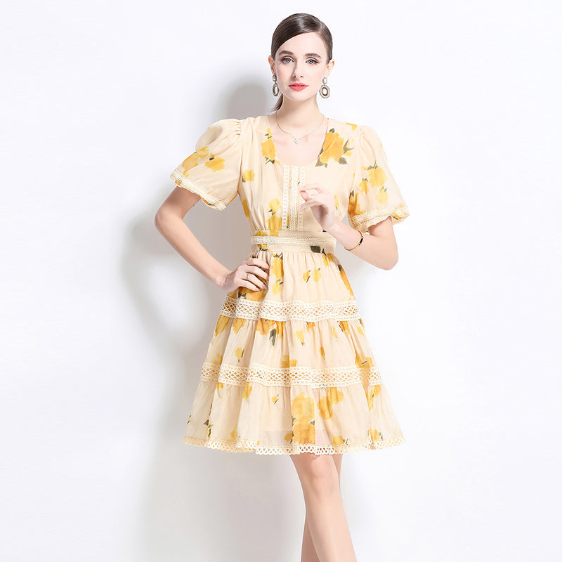 CM-DY035643 Women Elegant European Style Hollow Out Round Neck Short Sleeve Lace A-Line Mini Dress