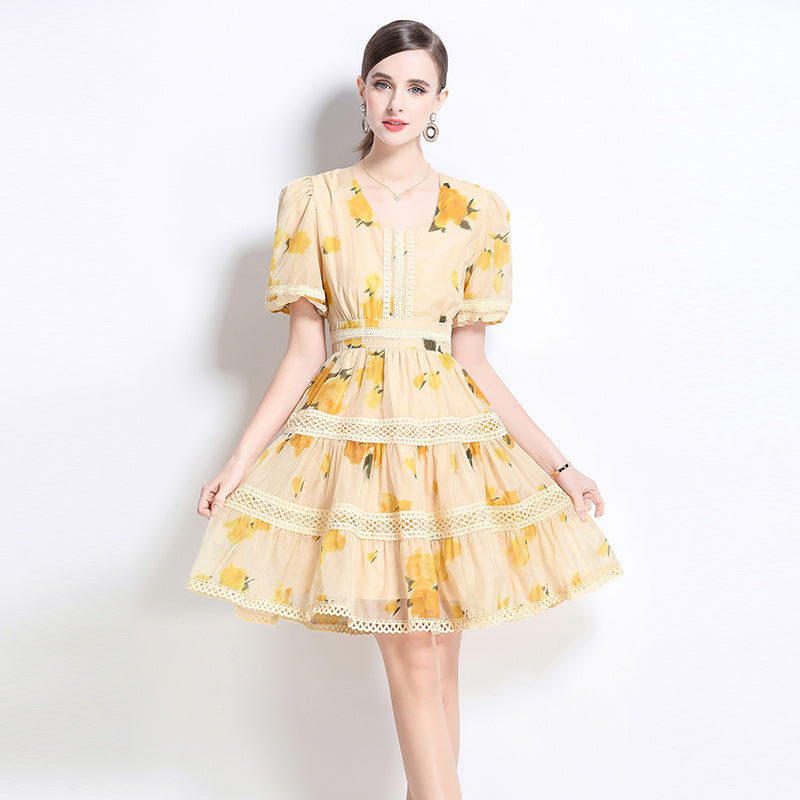 CM-DY035643 Women Elegant European Style Hollow Out Round Neck Short Sleeve Lace A-Line Mini Dress