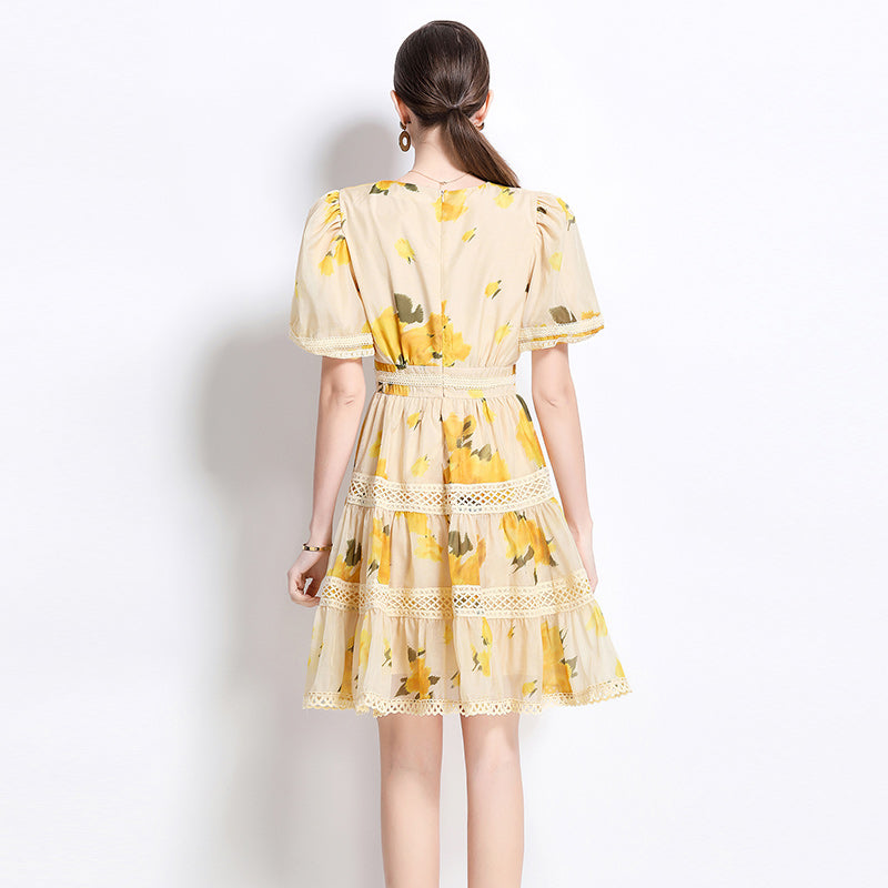 CM-DY035643 Women Elegant European Style Hollow Out Round Neck Short Sleeve Lace A-Line Mini Dress
