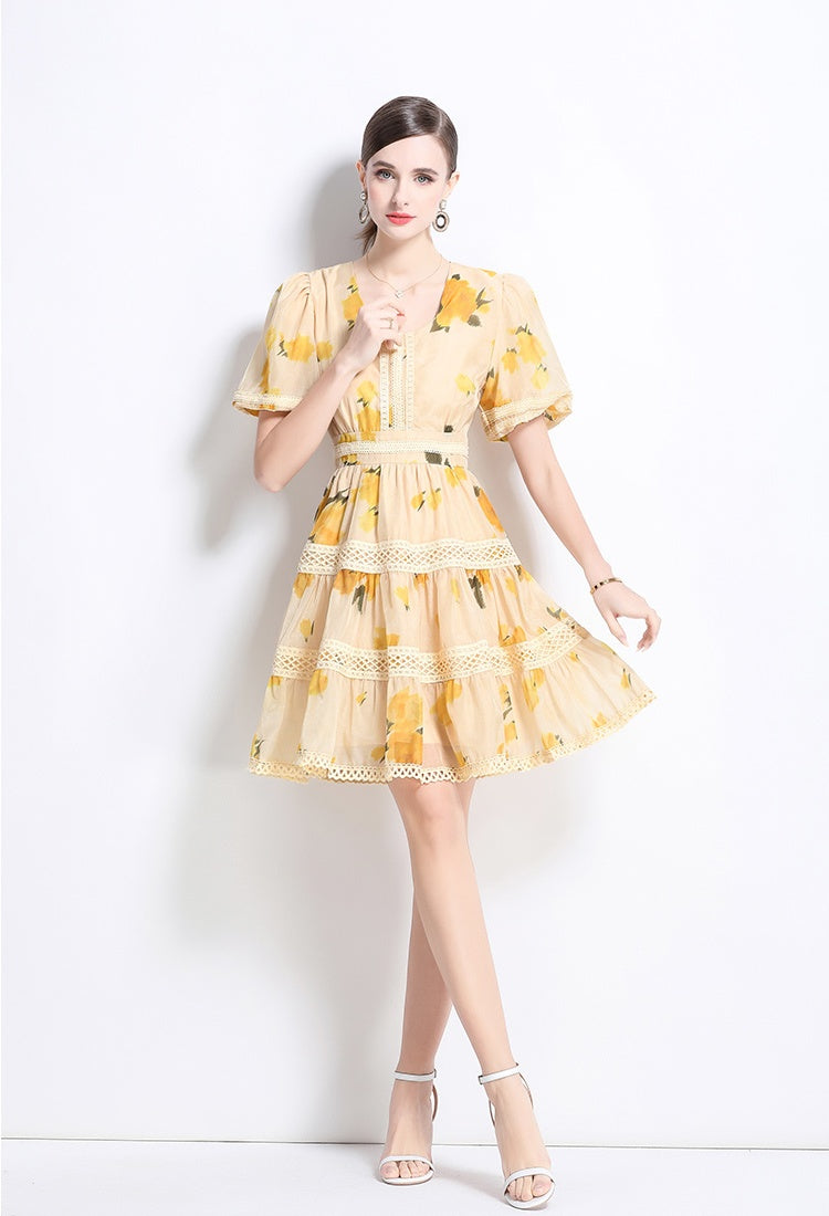CM-DY035643 Women Elegant European Style Hollow Out Round Neck Short Sleeve Lace A-Line Mini Dress
