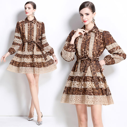 CM-DY035645 Women Elegant European Style Collar Neckline Long Sleeve Leopard Print Mini Dress