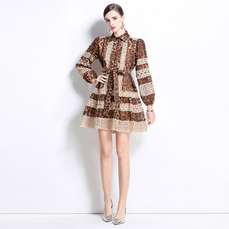 CM-DY035645 Women Elegant European Style Collar Neckline Long Sleeve Leopard Print Mini Dress