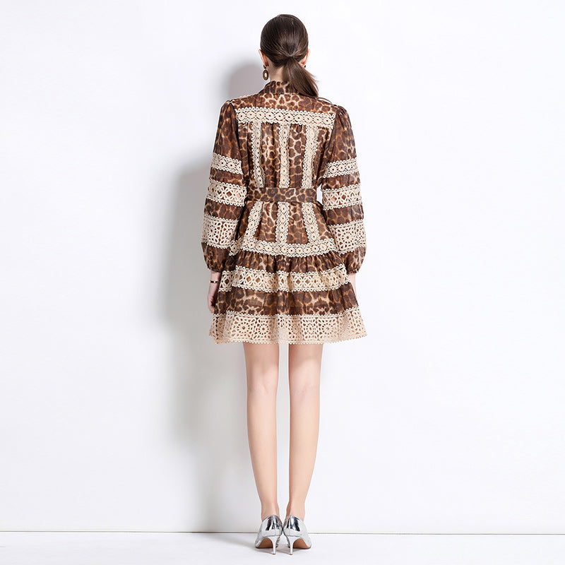 CM-DY035645 Women Elegant European Style Collar Neckline Long Sleeve Leopard Print Mini Dress