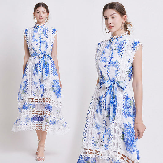 CM-DY035646 Women Elegant European Style Stand Collar Sleeveless A-Line Dress - Blue
