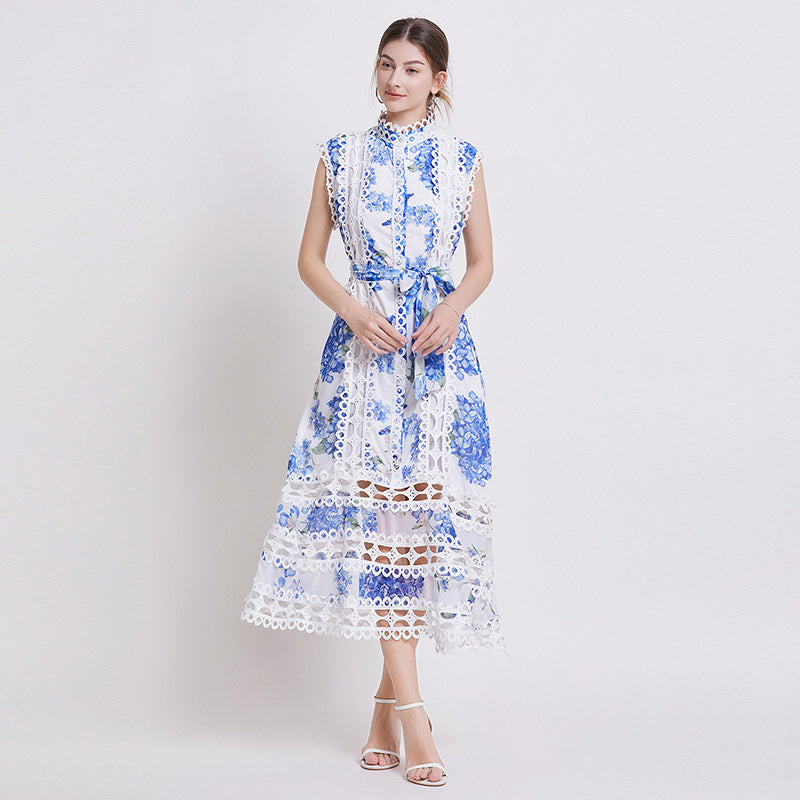 CM-DY035646 Women Elegant European Style Stand Collar Sleeveless A-Line Dress - Blue
