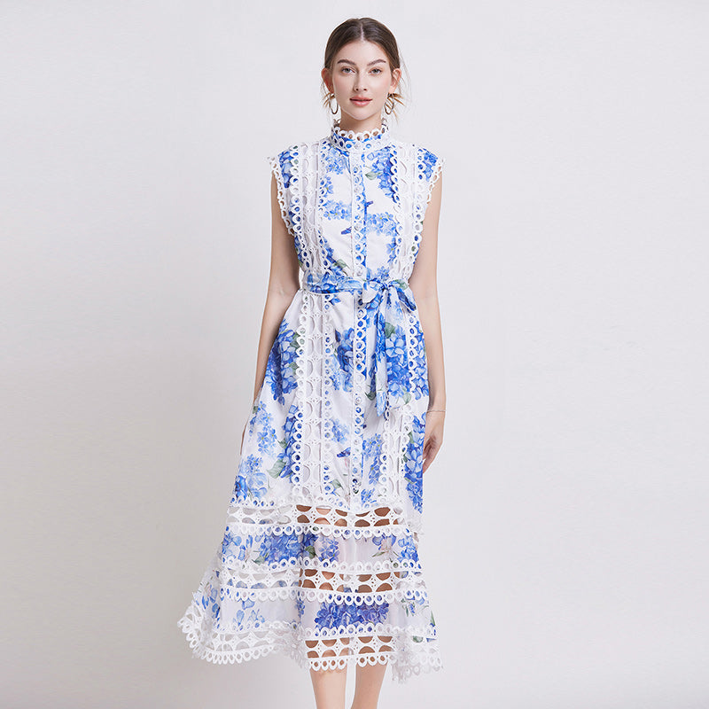 CM-DY035646 Women Elegant European Style Stand Collar Sleeveless A-Line Dress - Blue