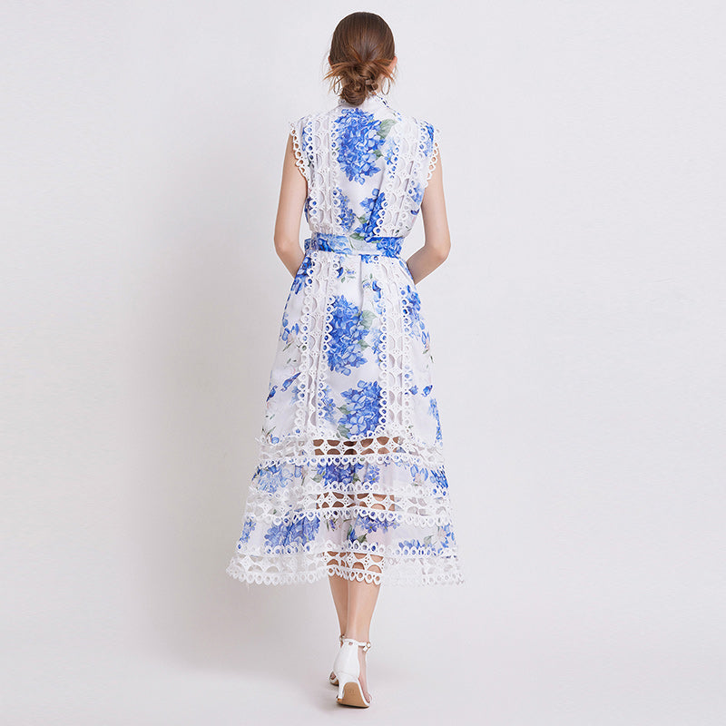 CM-DY035646 Women Elegant European Style Stand Collar Sleeveless A-Line Dress - Blue