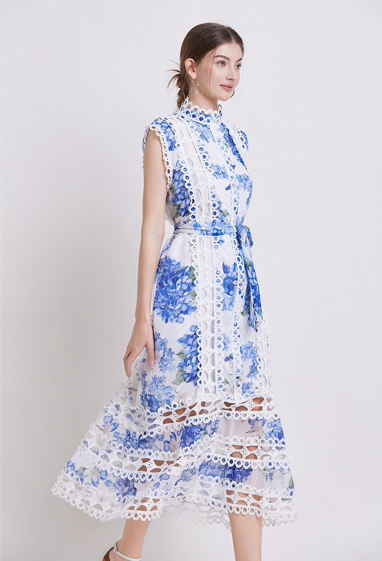 CM-DY035646 Women Elegant European Style Stand Collar Sleeveless A-Line Dress - Blue