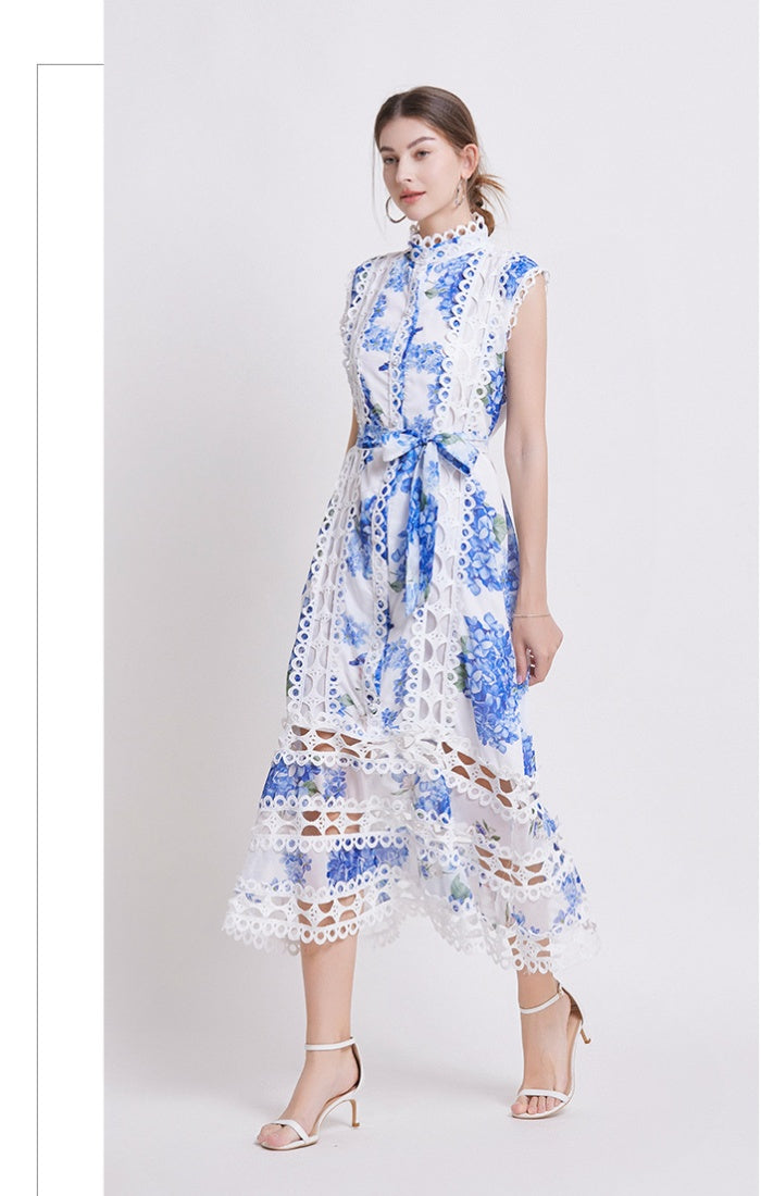 CM-DY035646 Women Elegant European Style Stand Collar Sleeveless A-Line Dress - Blue