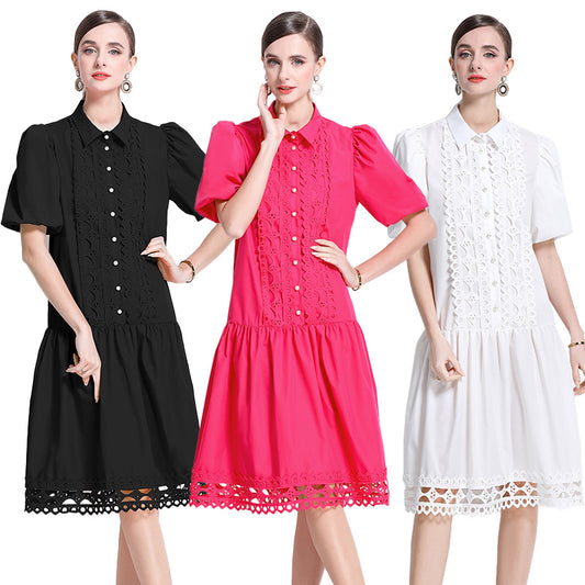 CM-DY035650 Women Elegant European Style Collar Neckline Puff Sleeve Loose Midi Dress (Available in 3 colors)