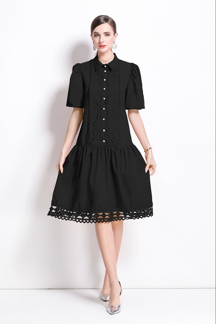 CM-DY035650 Women Elegant European Style Collar Neckline Puff Sleeve Loose Midi Dress (Available in 3 colors)