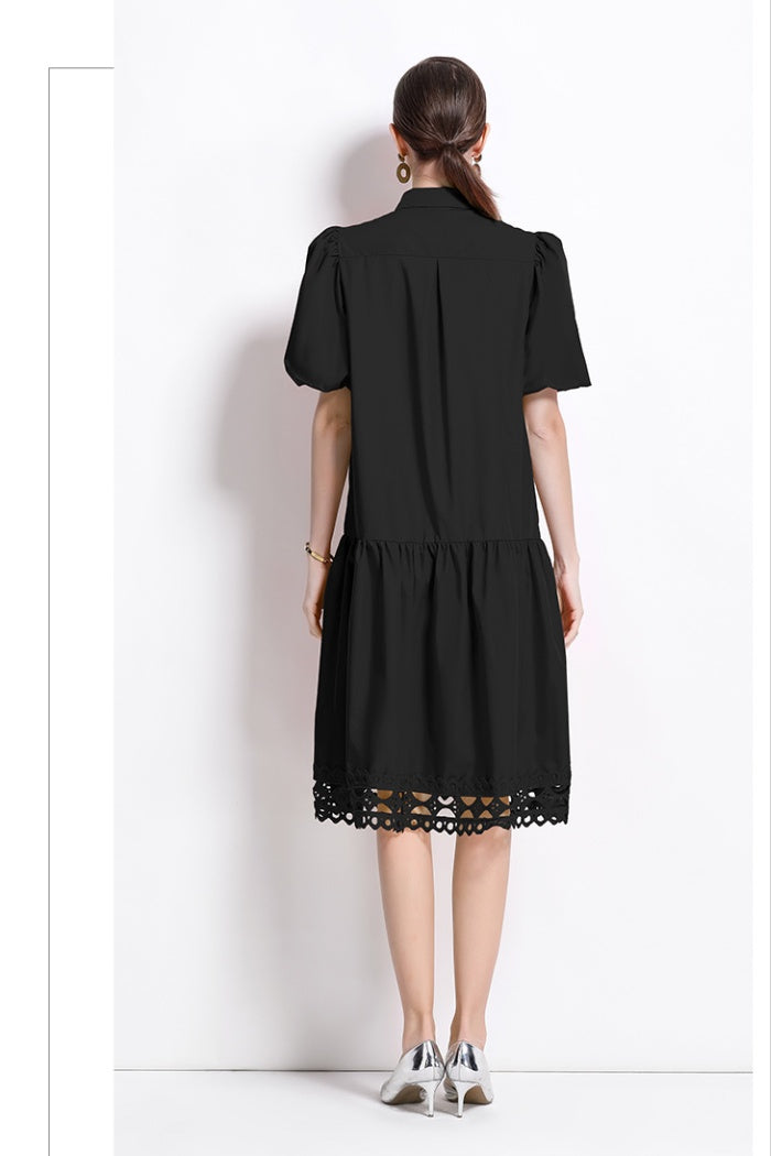 CM-DY035650 Women Elegant European Style Collar Neckline Puff Sleeve Loose Midi Dress (Available in 3 colors)