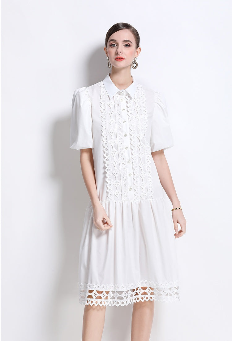 CM-DY035650 Women Elegant European Style Collar Neckline Puff Sleeve Loose Midi Dress (Available in 3 colors)
