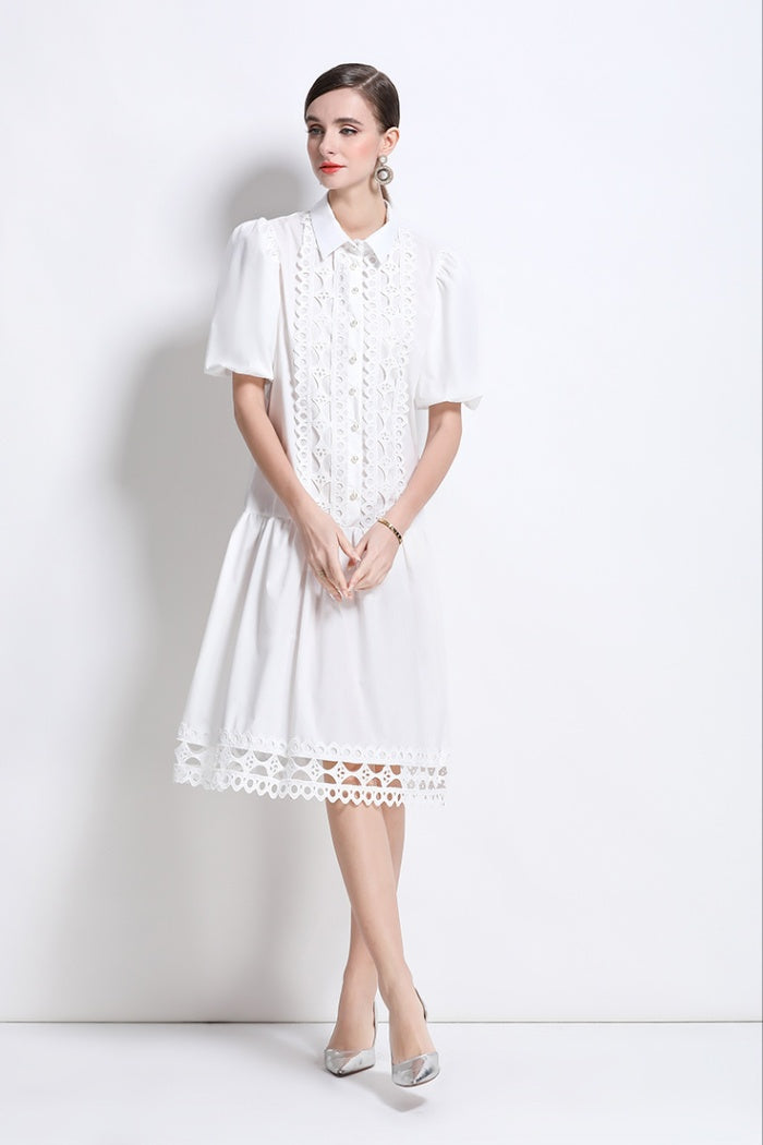 CM-DY035650 Women Elegant European Style Collar Neckline Puff Sleeve Loose Midi Dress (Available in 3 colors)